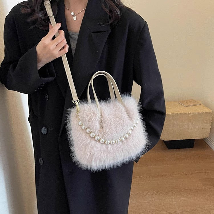 Winter Fashion Faux Fur Crossbody Bags for Women's Gift, Pearl Chain Decor Shoulder Bag, Ladies Handbags Top-handel Bag
