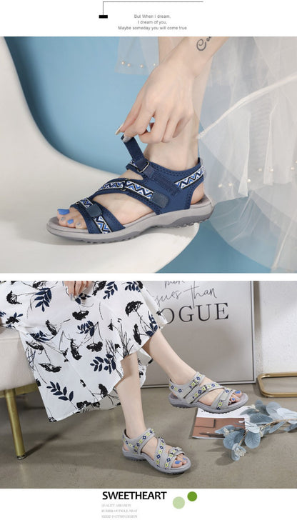 Spring And Summer Printed Velcro Comfortable Casual Beach Flat Sandals For Women's Ethnic Style Leisure Comfortable And Simple