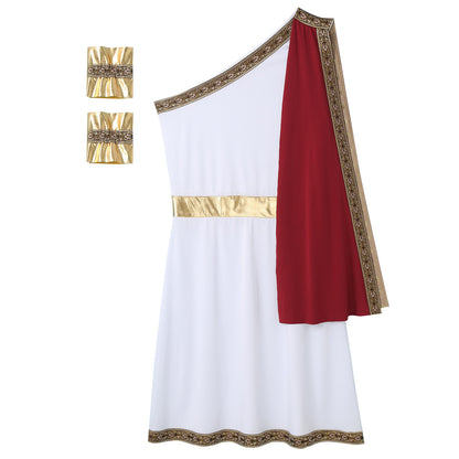 Mens Ancient Greek Toga Roman King Prince Cosplay Costume Halloween One Shoulder Embroidered Robe Dress Theme Party Outfits