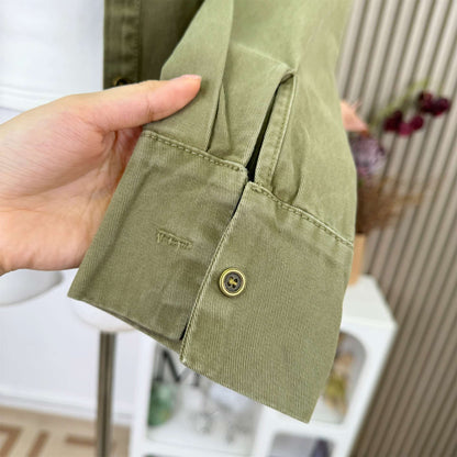 Vintage Distressed Denim Shirt Women's Top Shoulder Flip Collar Long Sleeve V-neck Coat Autumn Initial Old Money Style