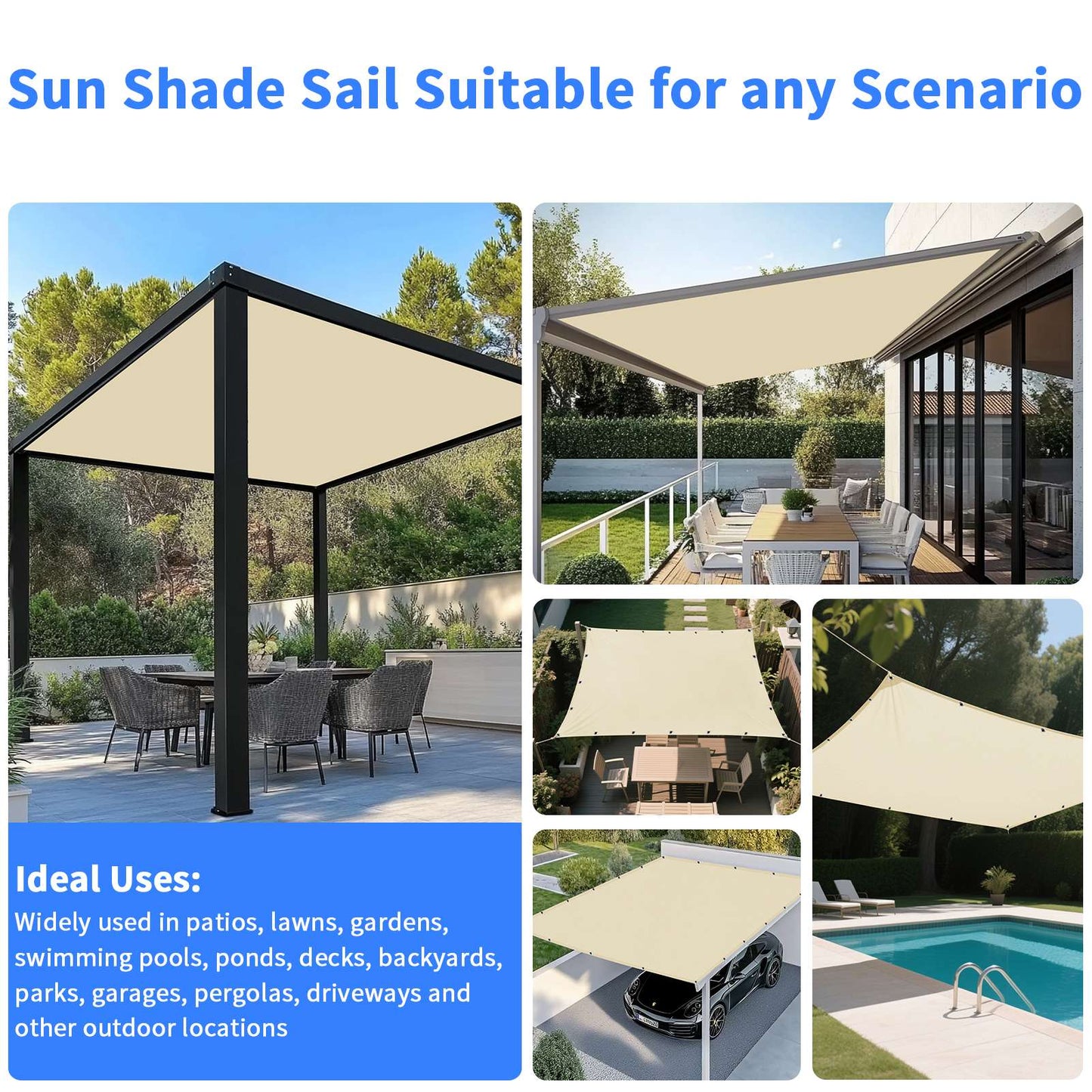 Waterproof Straight Edge Sun Shade Sail with Grommets Garden Sunscreen Pergola Shade Cover Canopy For Outdoor Garden Patio Tent