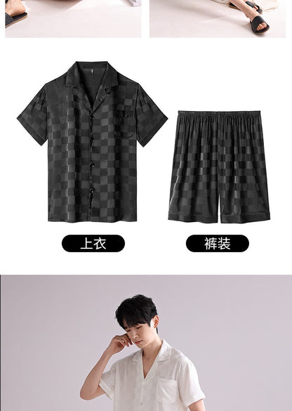Ice Silk Pajamas Men's Spring and Summer Light and Breathable Simulation Silk Satin Short-sleeved Shorts Youth Simple Loungewear