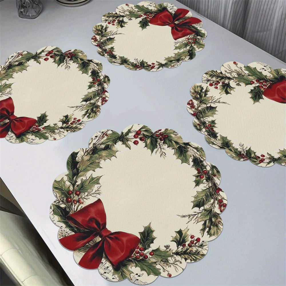 4PCS Christmas Circular Waves Placemats Non Slip Heat Resistant Table Mats Winter Dining Party Christmas Decor Round Tablecloth