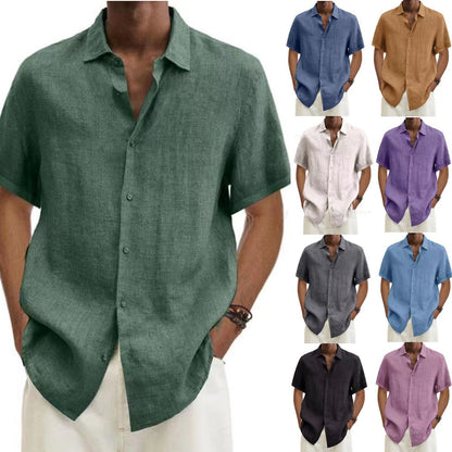 Basic Summer Men's Shirt Cotton Linen Short-sleeved Button Lapel Simple Top Casual Office Blouses for Male