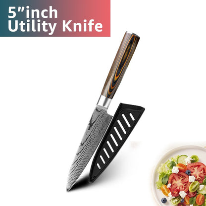 Conjunto de Facas de Cozinha 1-7PÇS Faca de Chef Japonesa Santoku 7CR17 Aço Inoxidável 440C Faca de Imitação de Damasco Cutelo de Carne Fatiador