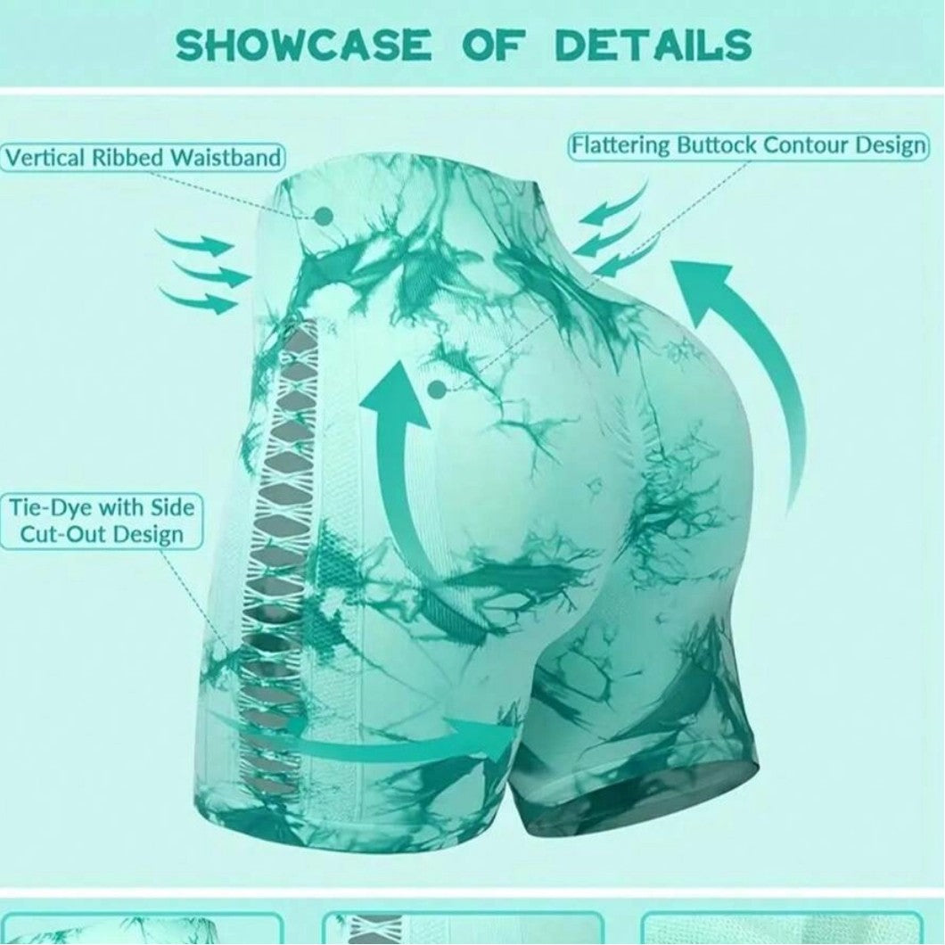 2pcs Tie Dye Mesh Yoga Pants Shorts High Waisted Hip Lifting Quick Drying Outdoor Sports Running Fitness Biker Trousers