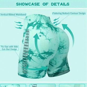 2pcs Tie Dye Mesh Yoga Pants Shorts High Waisted Hip Lifting Quick Drying Outdoor Sports Running Fitness Biker Trousers