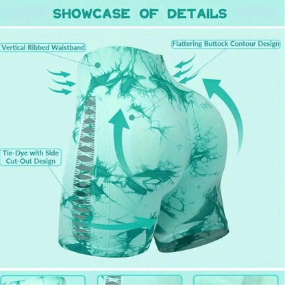 2pcs Tie Dye Mesh Yoga Pants Shorts High Waisted Hip Lifting Quick Drying Outdoor Sports Running Fitness Biker Trousers