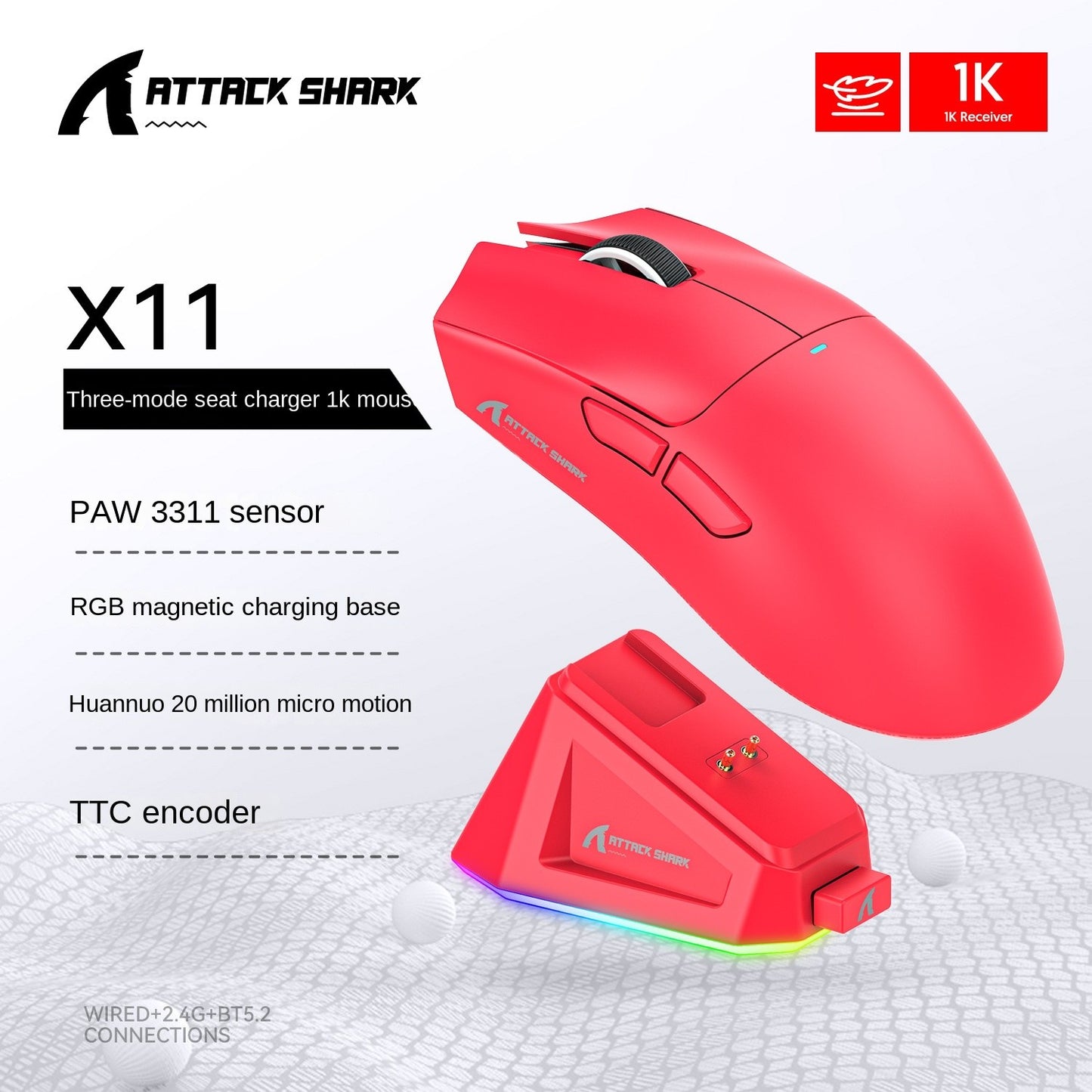 Mouse Gamer Attack Shark X11 Sem Fio Bluetooth Triplo Modo, Tela Sensível ao Toque, Base de Carregamento Magnético, Ultraleve, com Macro