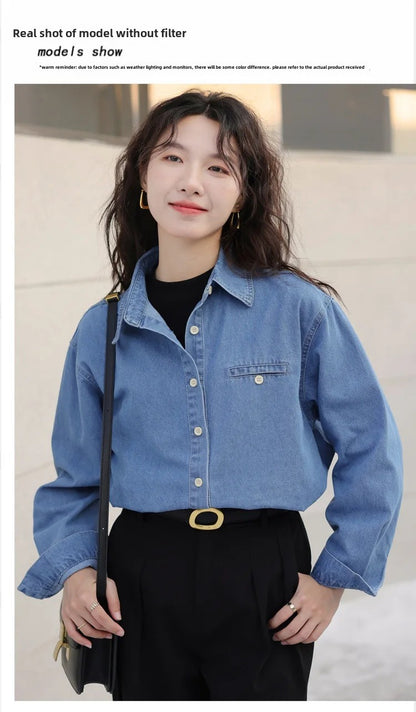 2024 New Vintage Loose-Fit Denim Shirt Women's Petite Top Commuter Jacket Fashionable Through-The-Year Style