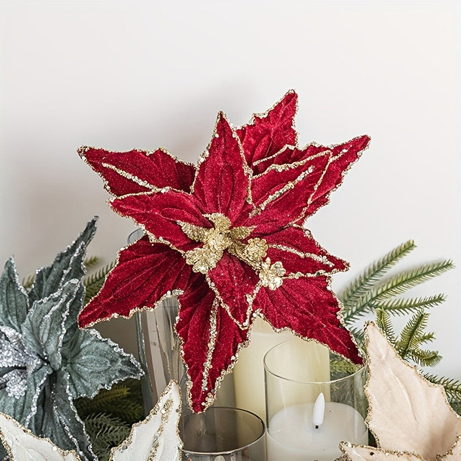 1/4pcs Christmas Holiday Decorative Flowers Artificial Flowers,Shiny Sequin Velvet Christmas Flowers 25.91cm,  home decor