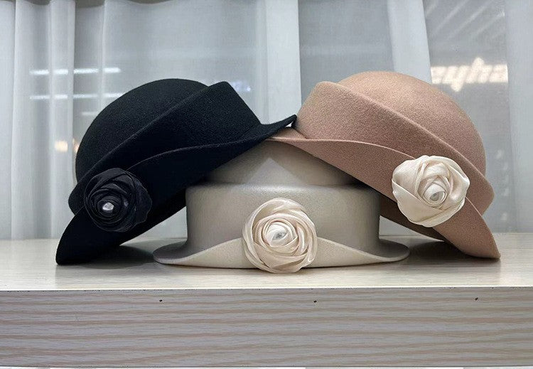 French light luxury Australian wool felt hat Hepburn style camellia flower small brim basin hat women elegant banquet top hat