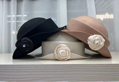 French light luxury Australian wool felt hat Hepburn style camellia flower small brim basin hat women elegant banquet top hat