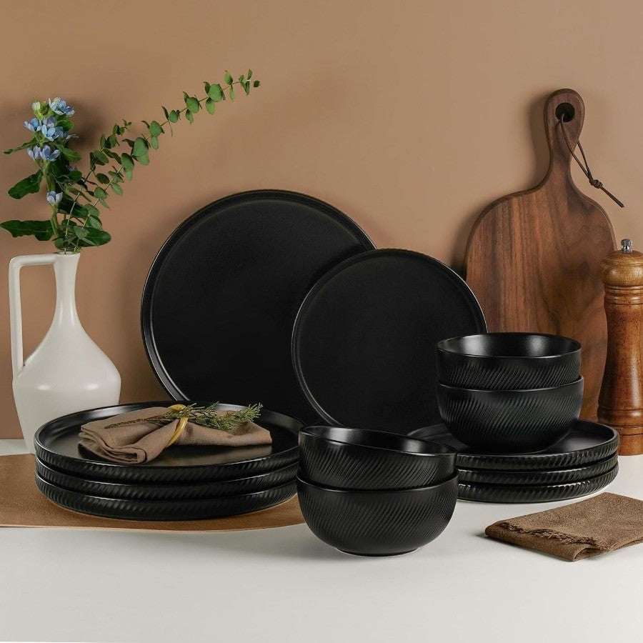 Conjunto de Pratos e Tigelas Preto Fosco 12 Peças Louça de Grés para 4 Pessoas Conjuntos de Louças de Cerâmica com Nervuras Seguros para Lava-louças e Micro-ondas