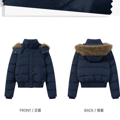 South District Fiona Women's Winter Jacket Navy Blue Cotton Short down Coat with Detachable Hood And Fur Collar