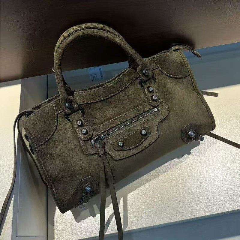 Retro suede motorcycle bag, women's city handbag, leather crossbody bag, single-shoulder armpit bag