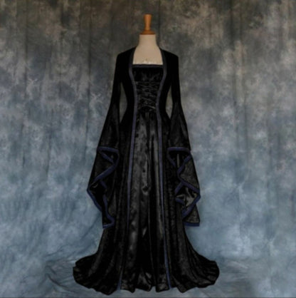 Halloween Cosplay Women Vintage Gothic Medieval Court Dress Flared Long Sleeve Floor Length Gown For Theme Stage Cosplay Show