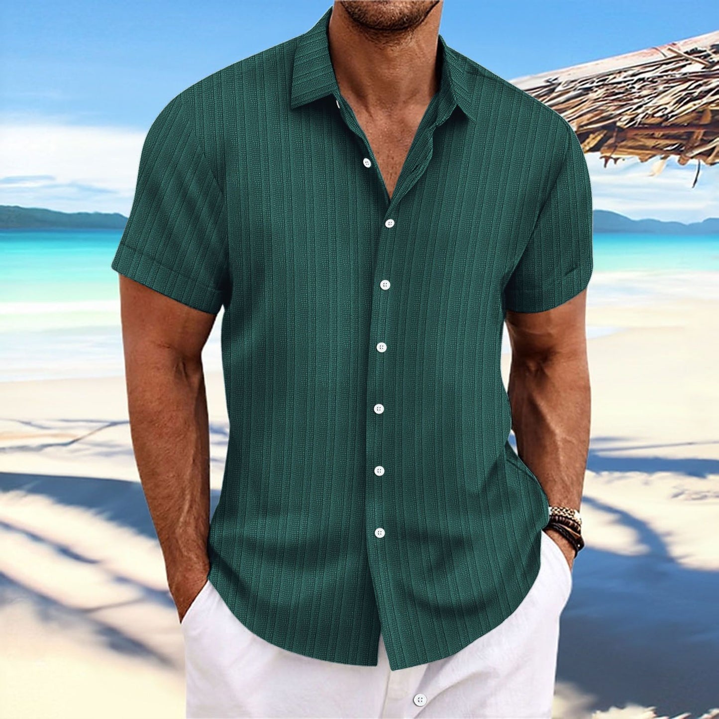 New Men's Cotton and Linen Striped Jacquard Casual Loose Short-sleeved Shirt