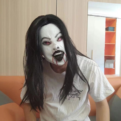 Latex Mask Scary Woman Masks Realistic Long Hair Party Cosplay Costume Ghostface Design Black Lips Creepier Headgear
