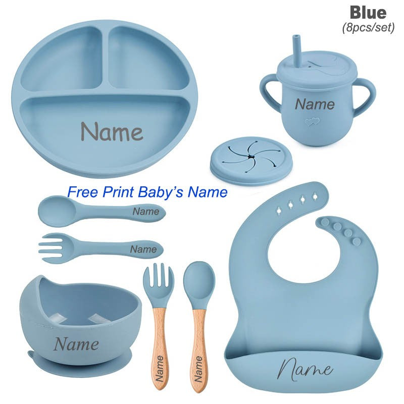 8Pcs Silicone Tableware Set Personalized Name Logo Baby Feeding Set Spoon Fork Suction Cup Bowl Silicone Dinner Plate For Kids
