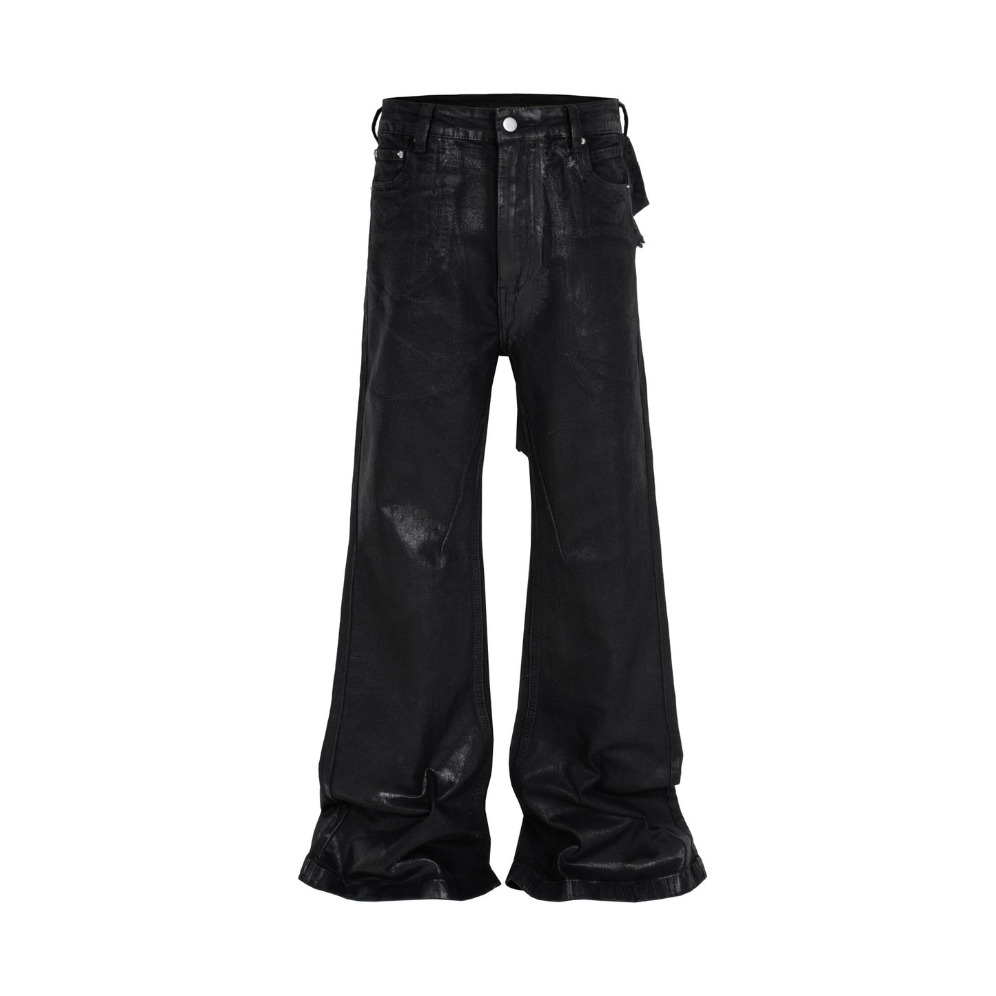 MIJKO Black Wax Leather Strecth Jeans for Men Women Baggy Flare Pants Oversized Straight Denim Trousers ZJ004