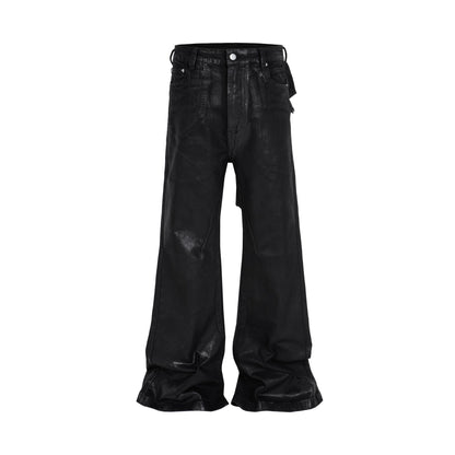 MIJKO Black Wax Leather Strecth Jeans for Men Women Baggy Flare Pants Oversized Straight Denim Trousers ZJ004