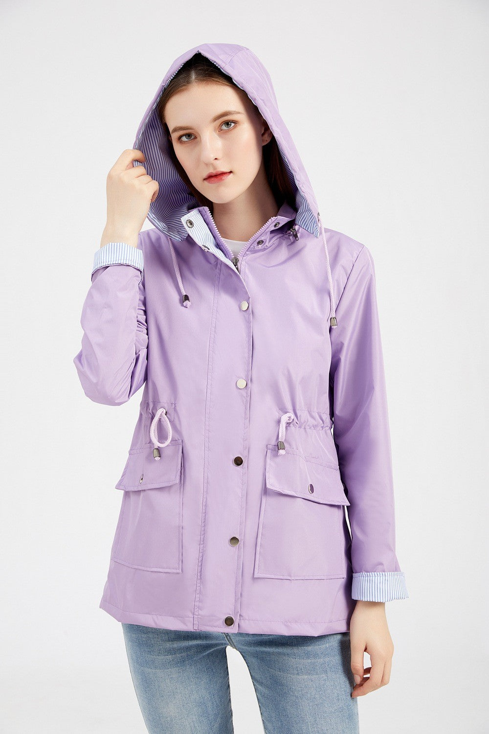 Purple Hooded Jacket for Spring 2025 Women's Office Fashion Women Outerwear Hat with Removable Waist Drawstring Water Proof