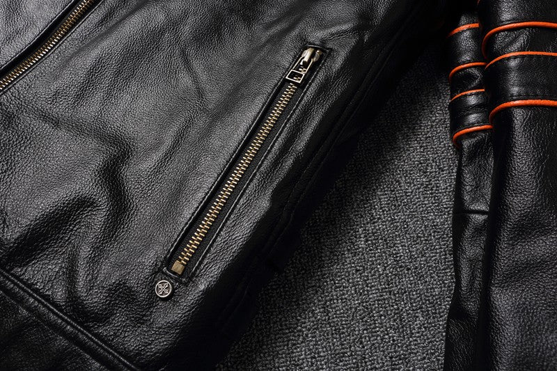 Men's Spring Original Leather Motorcycle Jacket 2025 Skull Embroidery Top Layer Cowhide Clothing Slim Fit Black Slim Male Coat