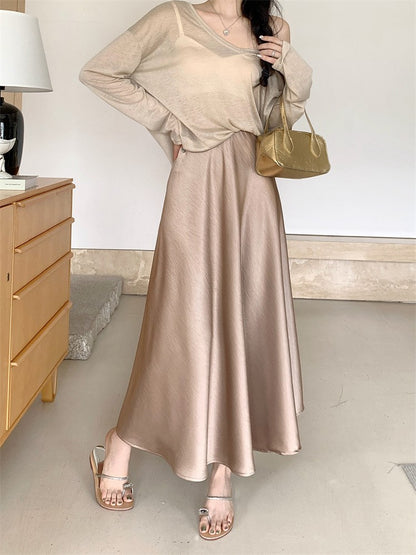Plus Size Satin Half-Body Skirt Female 2026 Spring New Korean Fashion Temperament Elegant Solid Casual A-line Skirts