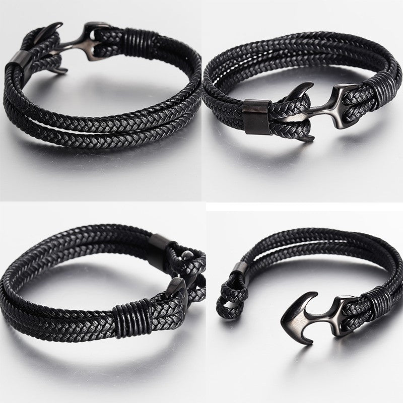 Pulseiras de Âncora Punk de Aço Inoxidável Pulseira de Couro Genuíno e Braceletes Masculinos Joias Pretas Presente de Moda