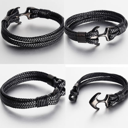 Pulseiras de Âncora Punk de Aço Inoxidável Pulseira de Couro Genuíno e Braceletes Masculinos Joias Pretas Presente de Moda