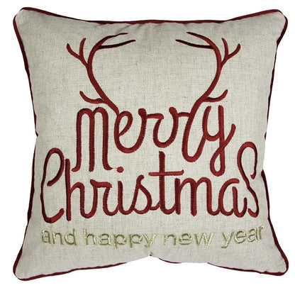 Merry Christmas Happy New Year Throw Pillow 20x20 Linen Look Gold Accents and Insert