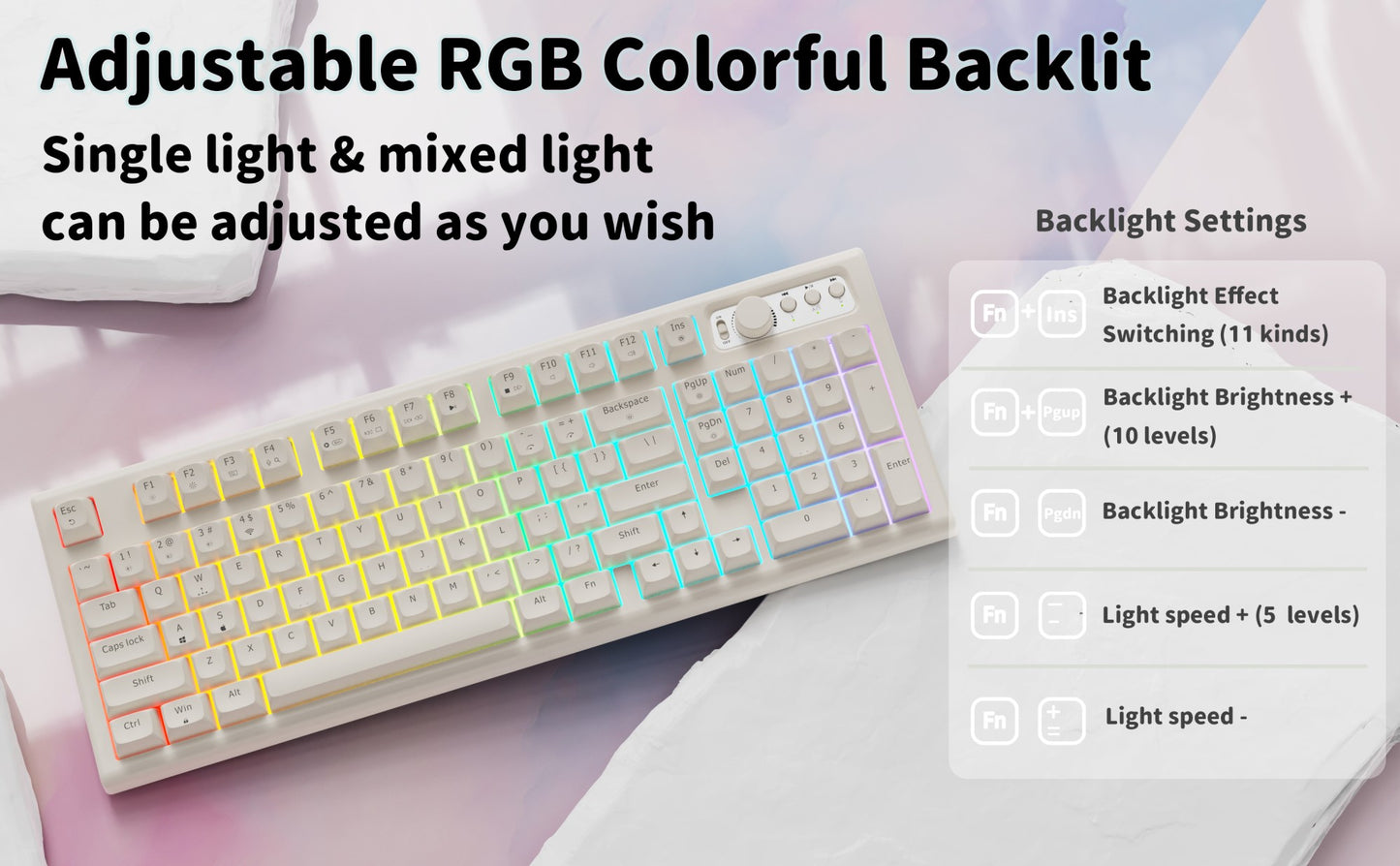 Teclado EWEADN V97 Cute Creamy, Teclado Gamer Sem Fio Bluetooth/2.4GHz com Retroiluminação RGB, Recarregável, Silencioso, para PC Gamer