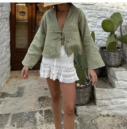 C.NEW S 2024 Spring New Female Street Tops Green Linen Lace Up Long Sleeve For Women Fashion Chic Casual Loose V Neck Shirt