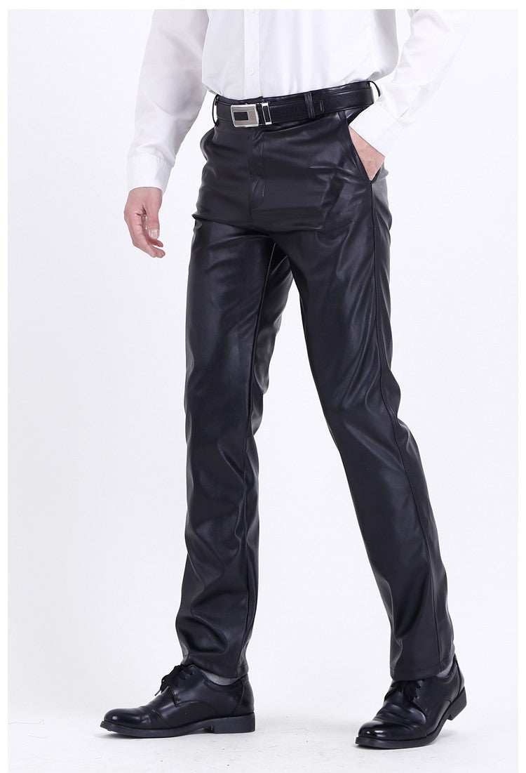 Men's Leather Pants Straight Fit Elastic PU Leather Trousers Motorcycle Pants Thin