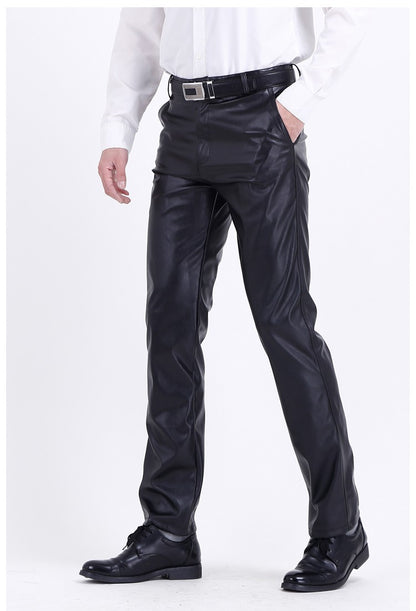 Men's Leather Pants Straight Fit Elastic PU Leather Trousers Motorcycle Pants Thin