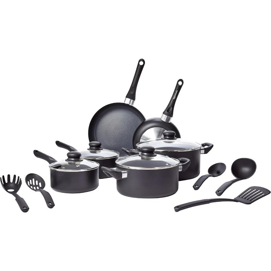 Conjunto de Panelas e Utensílios de Cozinha Antiaderentes com 15 Peças para Culinária Doméstica Não Compatível com Fogões de Indução Inclui Panelas Frigideiras Resistentes e Utensílios Essenciais