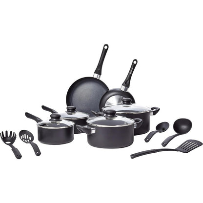 Conjunto de Panelas e Utensílios de Cozinha Antiaderentes com 15 Peças para Culinária Doméstica Não Compatível com Fogões de Indução Inclui Panelas Frigideiras Resistentes e Utensílios Essenciais