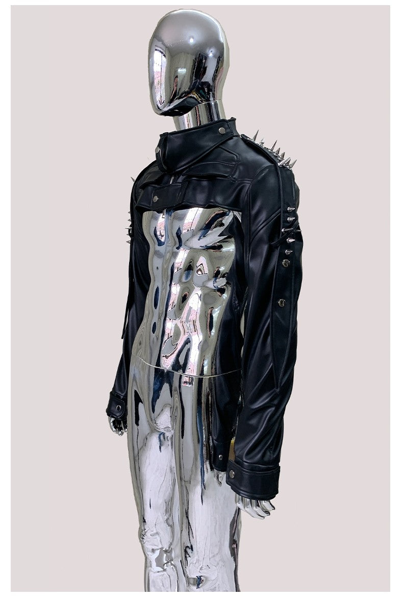 Mauroicardi Cool Black Cropped Pu Leather Jacket Men Rivet Shoulder Pads Zip Up Short Luxury Punk Style Clothes European Fashion