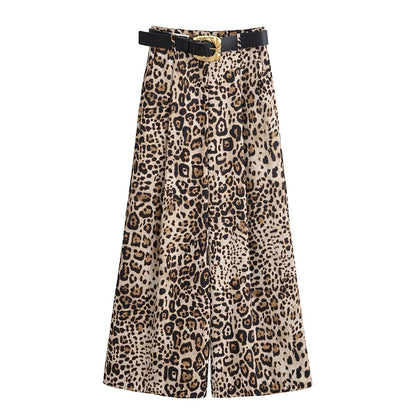 UNIZERA Leopard Satin with Belt High Waisted Trousers Wide Leg Pants Women's Clothing 2025 Summer New Arrivals Casual Pants