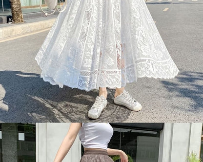 Plus Size plus Size Lace Hollow out f Skirt mid Waist Long Sle Fairy Skirt A-Line Umbrella Skirt Trendy Women's Clothing