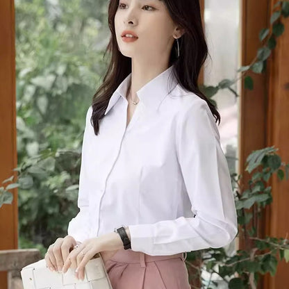 Professional White Shirt Women Office Lady Slim Fit Formal Blouse Woman Daily Commuter Simple Versatile Square Collar Base Shirt