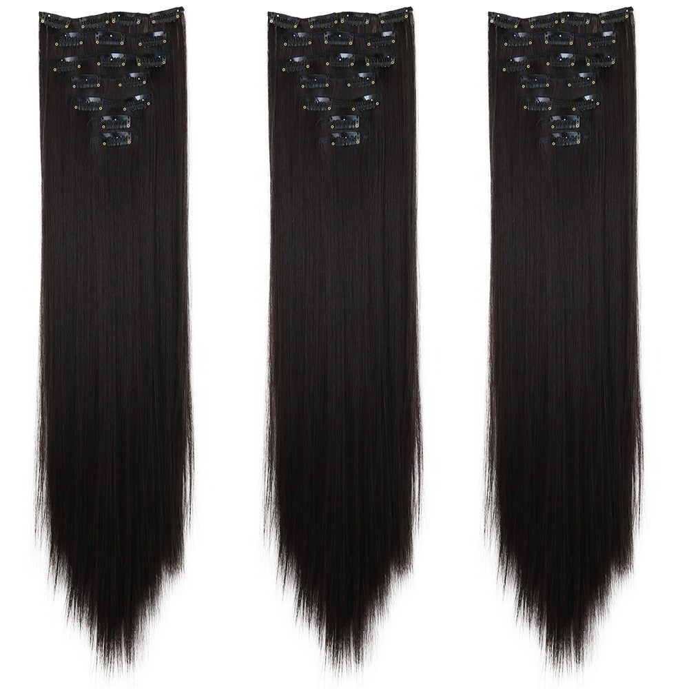 LANSA 7Clips Aplique de Cabelo Sintético Liso Comprido de Encaixe Extensões de Cabelo de Encaixe Cheveux Clipe Fibra Natural de Alta Temperatura Preto Marrom Peça de Cabelo