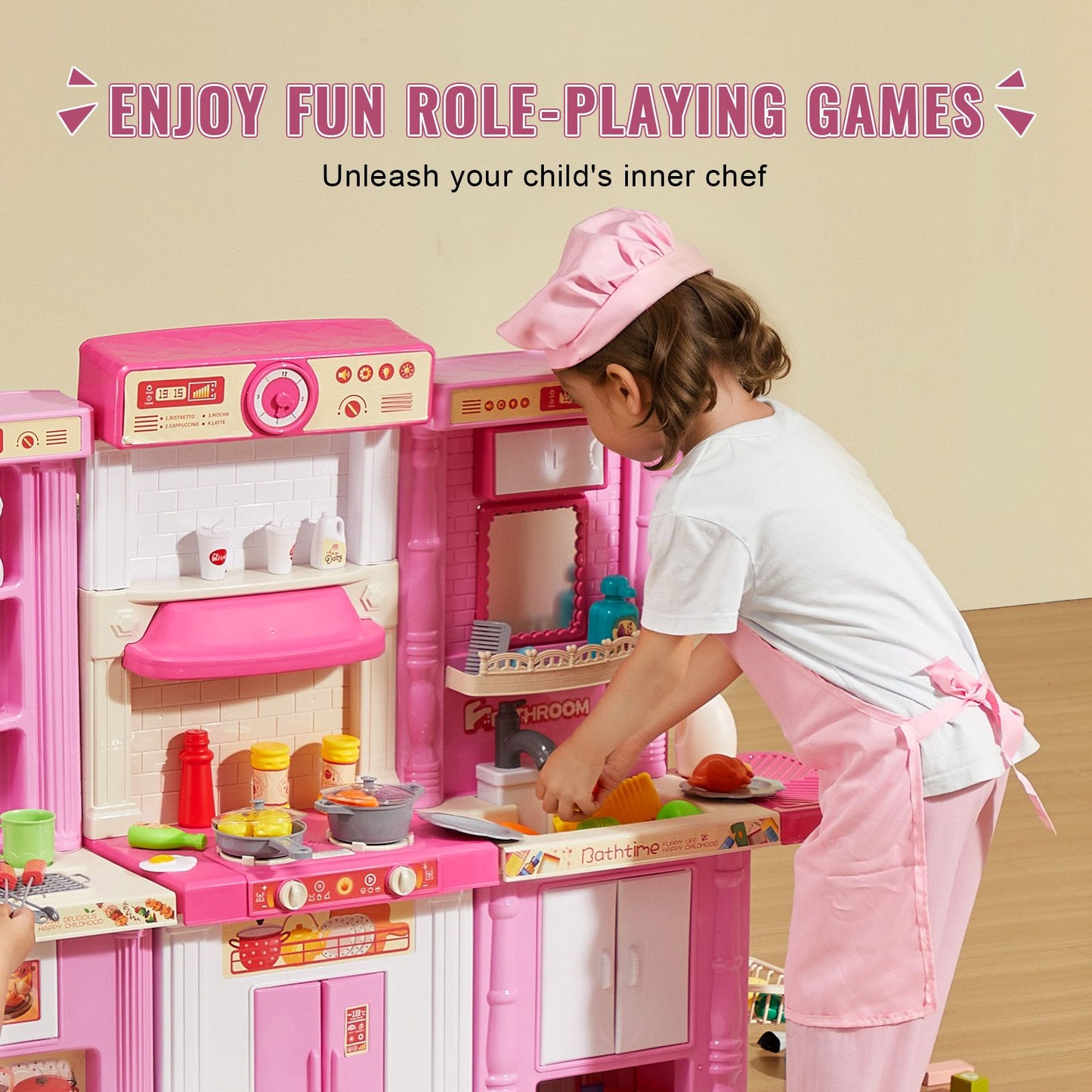 Brinquedos de Cozinha VEVOR para Crianças 74 Peças Conjunto de Chef com Sons e Luzes Idade 3+ Casa de Brincar Infantil Utensílios de Cozinha para Crianças Pequenas