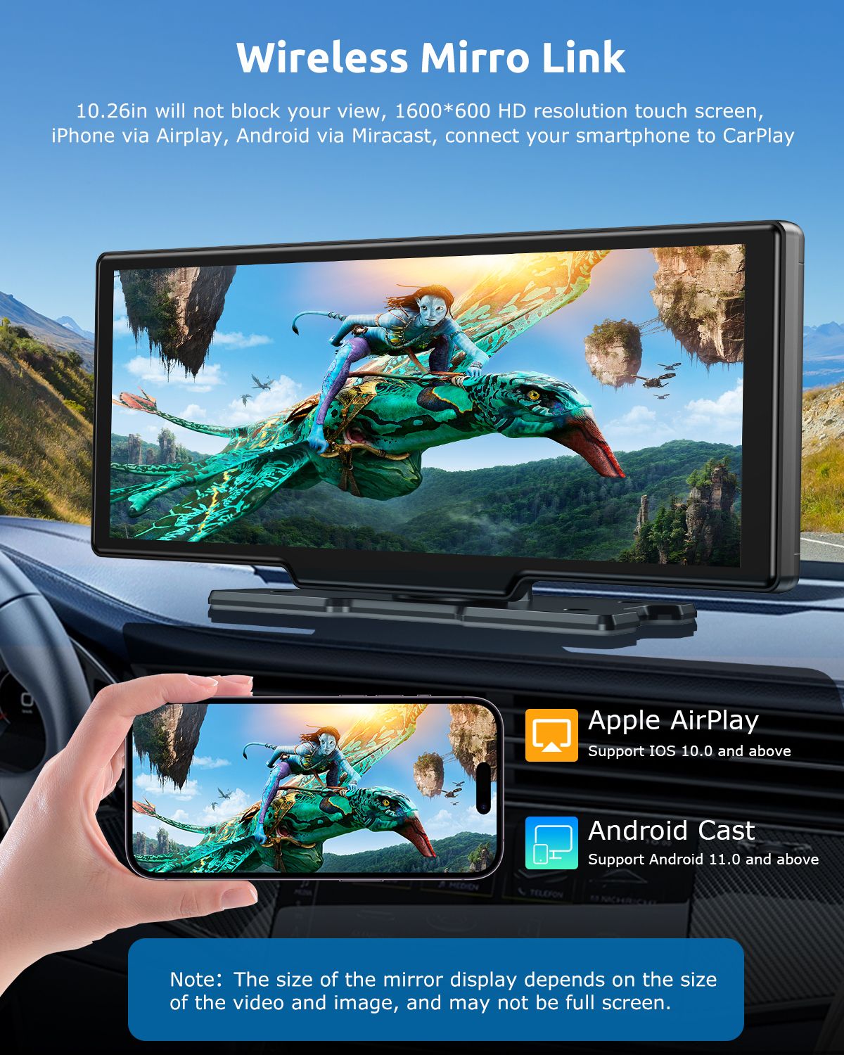 10.26" 4K 64G Touchscreen Portátil Sem Fio CarPlay Android Auto Caminhão Dash Som Automotivo Bluetooth GPS Navegação Câmera de Ré Grande Angular FM