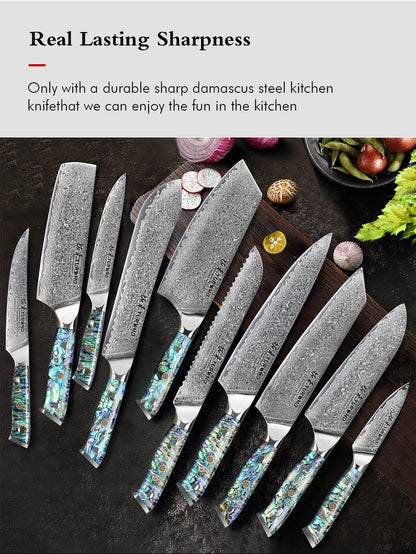 Faca de Cozinha TURWHO Japonesa de Aço Damasco de 67 Camadas com Cabo de Abalone Afiada Faca Santoku para Pão Bife Faca de Chef Ferramentas de Corte para Cozinha