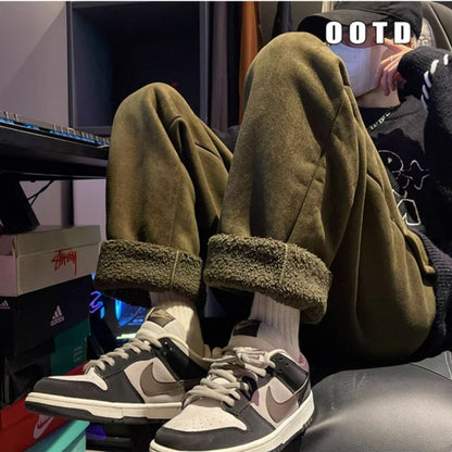 Women's Suede Thickened Straight Leg Pants Korean Style Wide Leg Autumn Winter New Student Fashion Casual Trousers