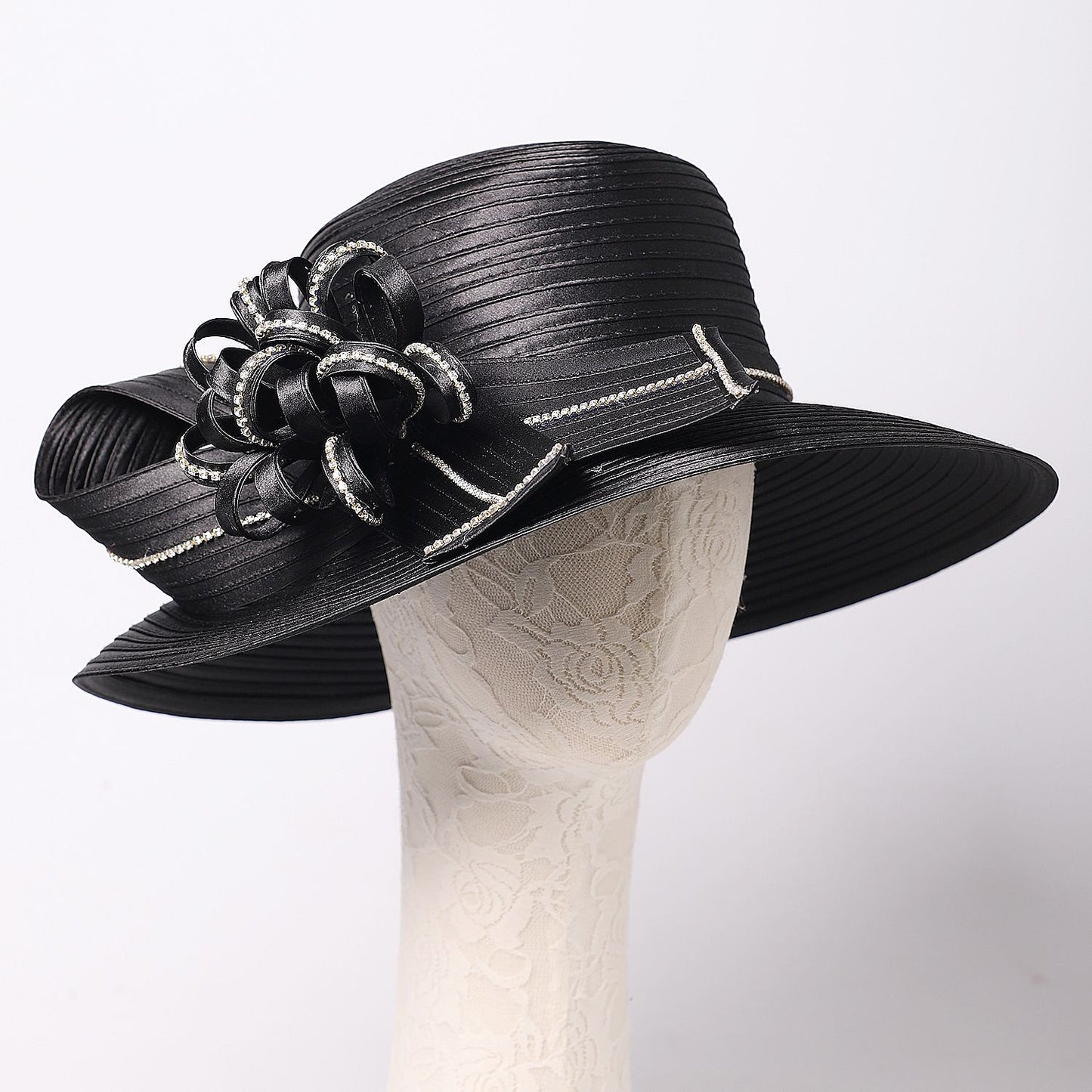 Chapéu Fedora Feminino Elegante Preto Vestido Formal Senhora Igreja Coquetel Chá Festa Chapéus Derby para Mulheres Laço Flor Aba Larga Chapéus Cloche