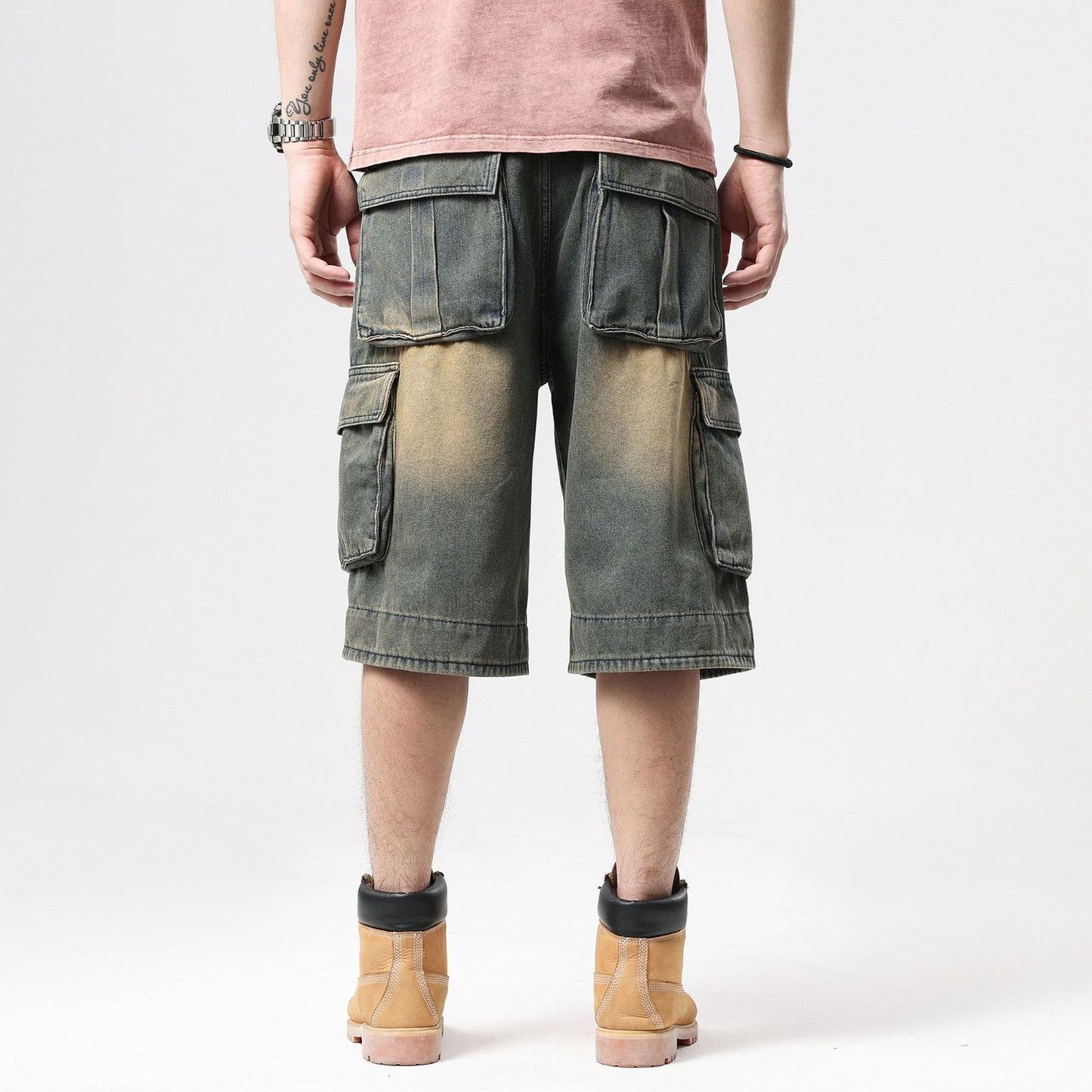 ABOORUN Mens Plus Size Loose Baggy Denim Shorts Fashion Streetwear Hip Hop Skateboard Cargo Jeans Short for Male R1402