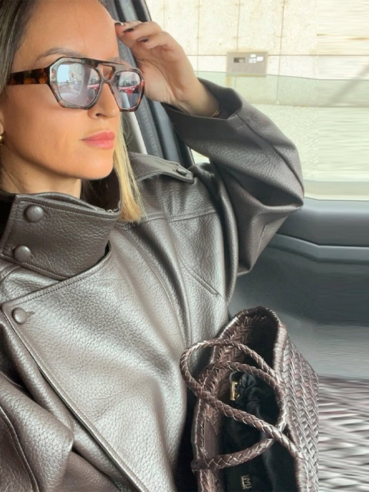 Faux Leather Stand Collar Bomber Jacket Women Locomotive Epaulet Slant Opening Ruched Coats Fashion Autumn Winter Lady Outerwear